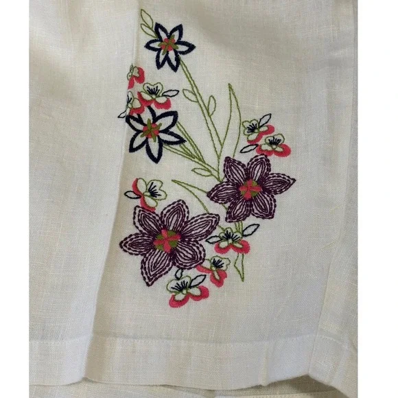 Hot Cotton Woman 1X Linen Pants Cream Floral Embroidered Pull On Cropped Elastic - Picture 8 of 8